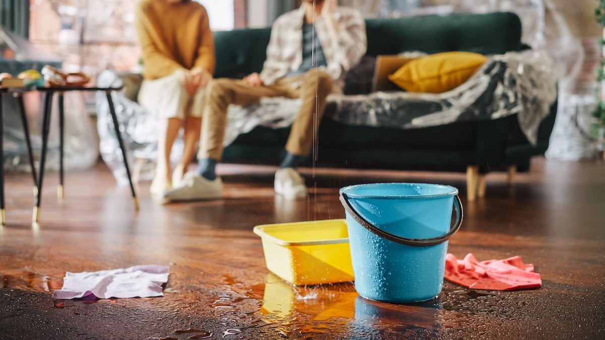 leaking roof water being caught in bucket in living room of house